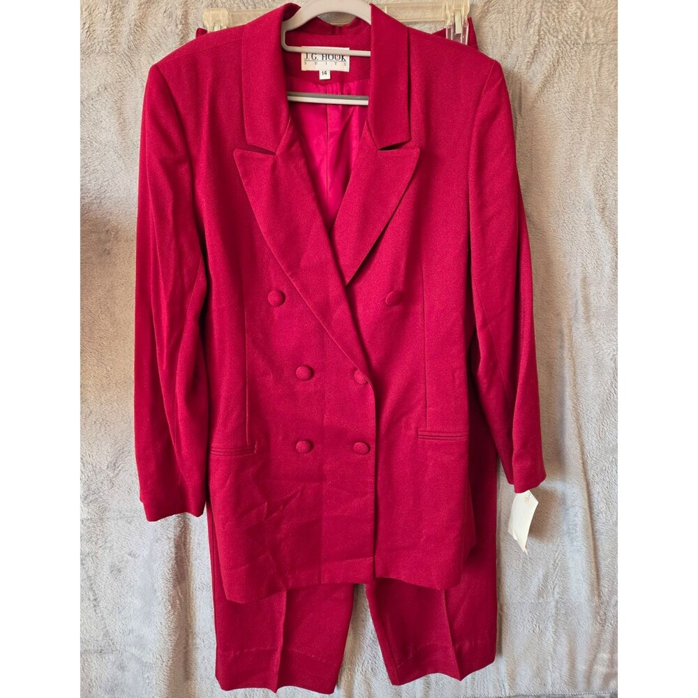 Vintage J.G. Hook Womens 14 Red Pant Suit Double Breasted Lined Power Dressing